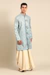 Shop_Mayank Modi - Men_Blue Silk, Brocade Banares Floral Motif Kurta And Draped Pant Set _Online_at_Aza_Fashions