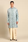 Mayank Modi - Men_Blue Silk, Brocade Banares Floral Motif Kurta And Draped Pant Set _at_Aza_Fashions