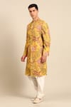 Mayank Modi - Men_Yellow Cotton Floral Print Sherwani Set _Online_at_Aza_Fashions
