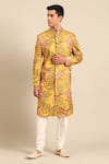 Buy_Mayank Modi - Men_Yellow Cotton Floral Print Sherwani Set _at_Aza_Fashions