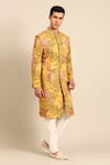Shop_Mayank Modi - Men_Yellow Cotton Floral Print Sherwani Set _Online_at_Aza_Fashions