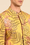 Shop_Mayank Modi - Men_Yellow Cotton Floral Print Sherwani Set 