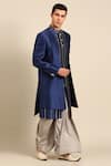 Mayank Modi - Men_Blue Bemberg, Silk Pearls, Metallic Thread, Pleated Sherwani And Dhoti Pant Set _at_Aza_Fashions
