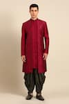 Mayank Modi - Men_Maroon Bemberg, Silk Sequins, Embroidery Geometric Sherwani Set _at_Aza_Fashions