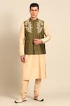 Mayank Modi - Men_Green Silk, Cotton Embroidery, Zari, Stones Leaf Motif Nehru Jacket _Online_at_Aza_Fashions