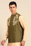 Buy_Mayank Modi - Men_Green Silk, Cotton Embroidery, Zari, Stones Leaf Motif Nehru Jacket _Online_at_Aza_Fashions
