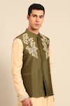 Shop_Mayank Modi - Men_Green Silk, Cotton Embroidery, Zari, Stones Leaf Motif Nehru Jacket _Online_at_Aza_Fashions