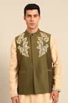 Buy_Mayank Modi - Men_Green Silk, Cotton Embroidery, Zari, Stones Leaf Motif Nehru Jacket _at_Aza_Fashions