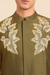 Mayank Modi - Men_Green Silk, Cotton Embroidery, Zari, Stones Leaf Motif Nehru Jacket _at_Aza_Fashions