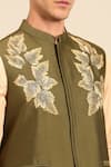 Buy_Mayank Modi - Men_Green Silk, Cotton Embroidery, Zari, Stones Leaf Motif Nehru Jacket 