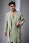 SALIL BHATIA_Green Silk, Silk, Art Embellished Bundi And Kurta Set _Online_at_Aza_Fashions