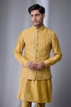 Buy_SALIL BHATIA_Mustard Silk, Silk, Zari, Embellished Bundi And Kurta Set _Online_at_Aza_Fashions