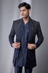 SALIL BHATIA_Navy Embroidery Silk Chanderi Embellished Jacket And Kurta Set _Online_at_Aza_Fashions