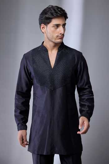 Salil Bhatia_Blue Silk, Silk, Embroidery Hand Kurta Set _Online_at_Aza_Fashions