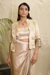 Shop_Vedangi Agarwal_Gold Tissue Sequins Open , Sweetheart Divine Drape Jacket And Skirt Set _at_Aza_Fashions