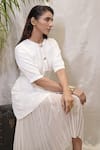 Vedangi Agarwal_White Satin, Georgette Round Neck Halo Button Front Midi Dress _Online_at_Aza_Fashions