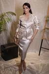 Buy_Vedangi Agarwal_Gold Tissue Embroidery Iron Grace Woven Pattern Blazer With Skirt _at_Aza_Fashions