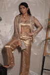 Buy_Vedangi Agarwal_Gold Tissue Zari, Sequins Open Neck, Square Solar Radiance Jacket And Pant Set _at_Aza_Fashions
