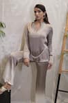 Vedangi Agarwal_Gray Satin Embroidery Split V-neck Silver Dusk Ombre Top And Pant Set _Online_at_Aza_Fashions