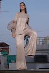 Shop_Vedangi Agarwal_Beige Satin Beads, Metallic Thread Round Neck Lumina Top And Pant Set _at_Aza_Fashions