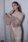 Buy_Vedangi Agarwal_Beige Satin Beads, Metallic Thread Round Neck Lumina Top And Pant Set _Online_at_Aza_Fashions