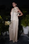 Shop_Vedangi Agarwal_Beige Satin Sequins, Metallic Thread High Neck Hour Scallop Top And Pant Set _at_Aza_Fashions