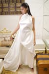 Buy_Vedangi Agarwal_White Satin High Neck Starlit Drape Backless Dress And Pant Set _at_Aza_Fashions
