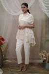 Buy_Vedangi Agarwal_Beige Satin Beads, Embroidery High Neck Tiered Peplum Top And Pant Set _Online_at_Aza_Fashions