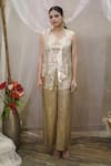 Vedangi Agarwal_Gold Brocade, Organza, Tissue Sequins, Geometric Patchwork Jacket And Pant Set _Online_at_Aza_Fashions