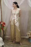 Buy_Vedangi Agarwal_Gold Brocade, Organza, Tissue Sequins, Geometric Patchwork Jacket And Pant Set _at_Aza_Fashions