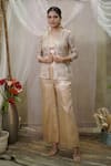 Shop_Vedangi Agarwal_Gold Brocade, Tissue Beads Sweetheart , Open Jacket And Pant Set _Online_at_Aza_Fashions