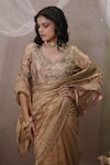 Vedangi Agarwal_Gold Tissue, Brocade Embroidery, Zari V-neck Saree With Blouse _Online_at_Aza_Fashions