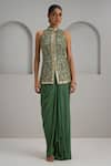 Buy_Maisolos_Green Silk, Crepe Mirrors, Embroidery High And Thread Jacket With Draped Skirt _at_Aza_Fashions