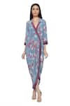 Buy_Soup By Sougat Paul_Blue Crepe Floral Motifs V Neck Printed Wrap Dress _at_Aza_Fashions
