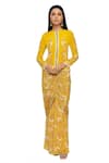 Buy_Soup By Sougat Paul_Yellow Crepe Floral Round Neck Printed Top And Draped Skirt Set _at_Aza_Fashions