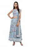 Buy_Soup By Sougat Paul_Blue Net, Crepe Floral Round Printed Lehenga Set _at_Aza_Fashions