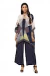 Buy_So Us By Sougatpaul_Blue Crepe, Cotton Silk Round Jumpsuit With Printed Cape _at_Aza_Fashions