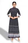 Buy_So Us By Sougatpaul_Black Crepe Band Collar Printed Long Tunic _at_Aza_Fashions