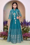 Buy_Petite Pomme_Blue Satin, Polyester Tassels Printed Gown And Jacket Set_at_Aza_Fashions
