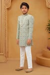 Shop_Petite Pomme_Green Silk, Cotton Embroidery Pista Sherwani And White Pant Set _at_Aza_Fashions