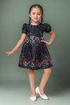 Buy_Petite Pomme_Black Linen Floral Printed Dress With Puff Sleeves_at_Aza_Fashions