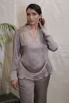 Shop_Vedangi Agarwal_Gray Satin Embroidery Split V-neck Silver Dusk Ombre Top And Pant Set _at_Aza_Fashions