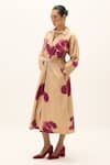 Kharakapas_Beige Cotton Collared, Button-down Neck Amber Haze Hand Painted Dress _Online_at_Aza_Fashions