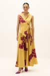 Shop_Kharakapas_Mustard Cotton Collared, V-, Notched Como Printed Jumpsuit _Online_at_Aza_Fashions