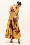 Kharakapas_Mustard Cotton Collared, V-, Notched Como Printed Jumpsuit _at_Aza_Fashions