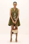 Buy_Kharakapas_Olive Green Cotton Embroidery V-neck Bayleaf Dress _at_Aza_Fashions