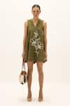 Shop_Kharakapas_Olive Green Cotton Embroidery V-neck Bayleaf Dress _at_Aza_Fashions