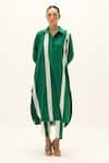 Shop_Kharakapas_Green Cotton Collared Stream Lines Print Kurta And Pant Set _Online_at_Aza_Fashions