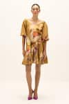 Kharakapas_Yellow Cotton Scoop Neck Oakwood Printed Dress _Online_at_Aza_Fashions