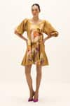 Buy_Kharakapas_Yellow Cotton Scoop Neck Oakwood Printed Dress _at_Aza_Fashions